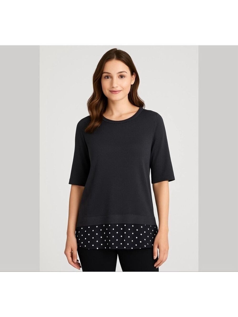 ISAAC Mizrahi Live! Mixed Media Layered Look Top Black Polka Dots Sz M